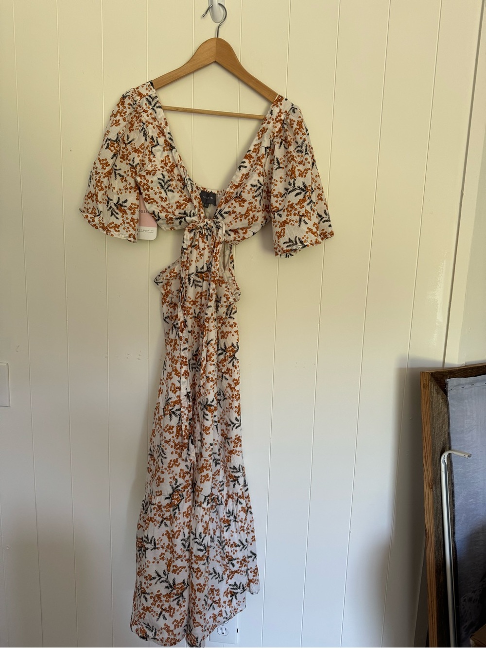 Floral Tie-Front Maxi Dress in White and Burnt Orange